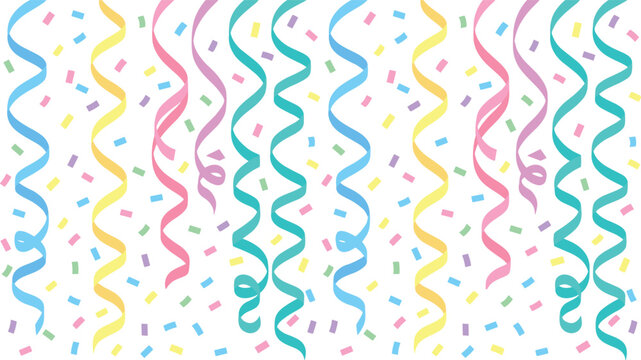 Festive colorful pastel party streamers and falling confetti seamless vector pattern backdrop isolated on white background designFestive colorful pastel party streamers and falling confetti seamless v