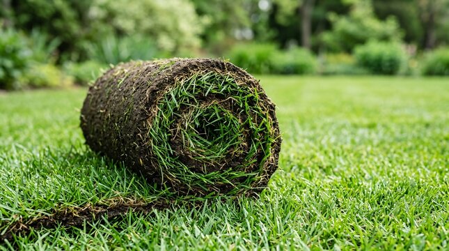 Roll of green grass turf on fresh lawn. Gardening and landscaping service, backyard renovation concept. Nature texture of rolled sod for turf grass installation and ground improvement.