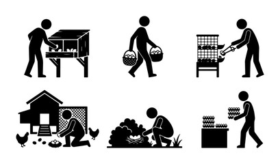 Farm Fresh Egg Collection Icons, Chicken Coop Harvest Set, Rural Food Production Pictograms, Agricultural Lifestyle Graphics © Jannatul