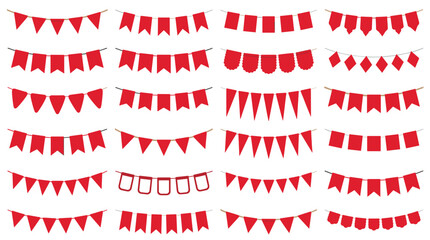 Fototapeta premium Collection of red celebration pennants and banners for party decoration and festive events on white background