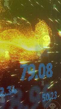 Vertical video: Golden cloud forming after diagonal streaks, moving, emitting sparks, showing stats