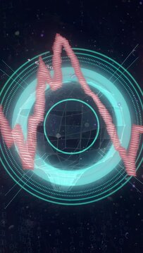 Vertical video: On ping HUD rotating rings, pulsing waveform, revealing globe for diagnostics