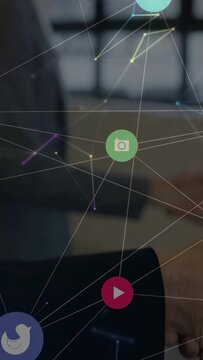 Vertical video: Handshake starting biz overlay over hands, pros closing while bell search pulsing