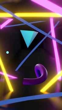 Vertical video: Opening with cyan tetra prism turning while purple tube rolling, neon bars looping