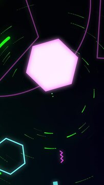 Vertical video: Spiral sparking pink hexagon pulsing orbiting while dots shifting color forming HUD