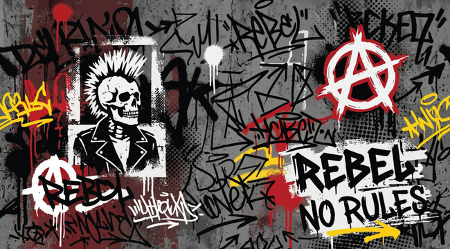 Punk rock rebel graffiti background with skull and anarchy symbol