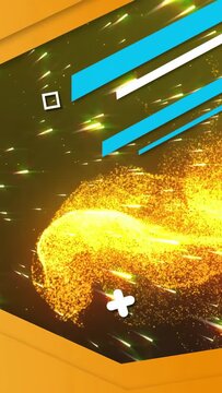 Vertical video: Streaks sliding, cyan bars entering, golden cloud forming swirling ribbon for intro