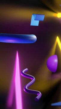 Vertical video: Rising magenta beam sparking crescent rotating and sliding to form neon loop in 3D