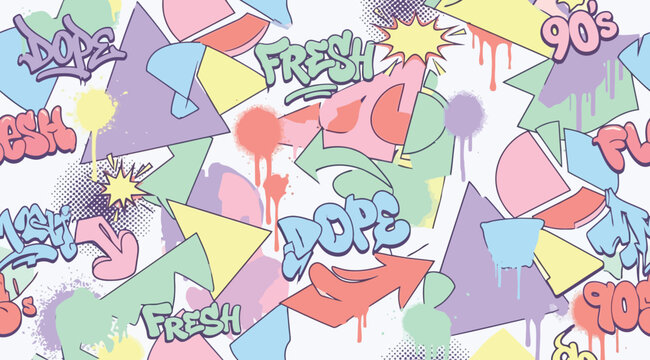 90s graffiti pattern background with colorful shapes and typography