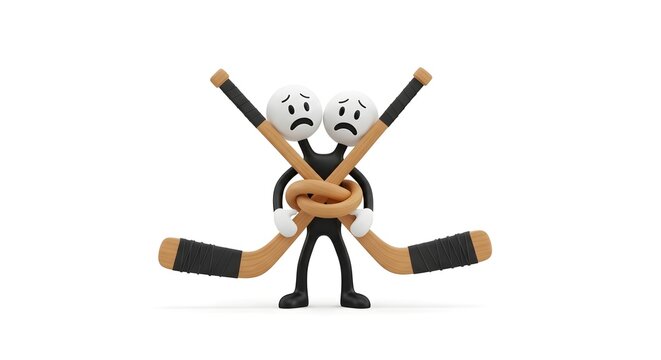 Two headed figure with knotted hockey sticks