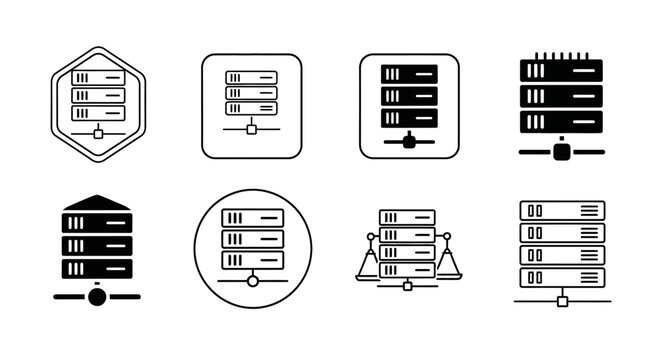 Set of server rack icons for data storage and network infrastructure