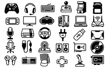 Collection of black and white icons representing gaming and technology devices © Shohedul