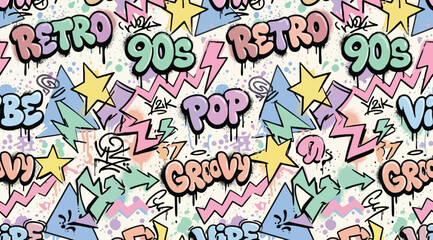 Fototapeta premium Retro 90s graffiti pattern with stars and pop culture text