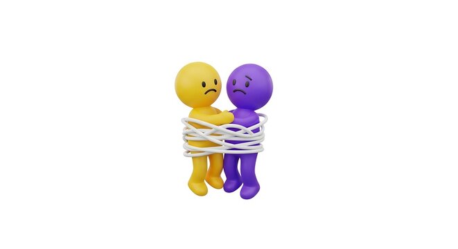 Sad characters tied together with white rope