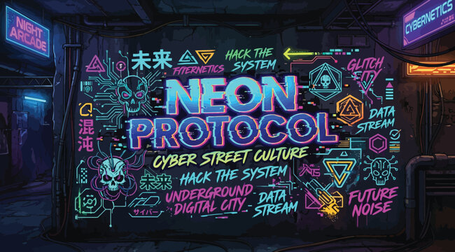 Neon protocol cyber street culture wall art with glowing graffiti, digital symbols, and futuristic slogans in a dark urban alleyway