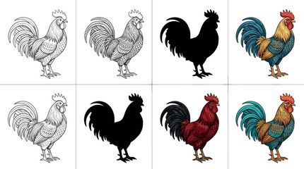 Rooster Vector Icon Set with Detailed Line Art Colored Graphics and Black Silhouettes of Cockerels Isolated on White Background for Diverse Design Styles © MdRaisul