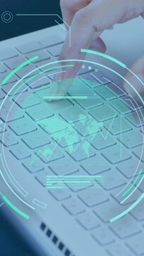 Vertical video: Woman typing top-right keys, entering data, HUD over keys showing map chart