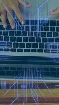 Vertical video: Neon grid rising, circuit traces flowing to laptop, hands typing, code forming live