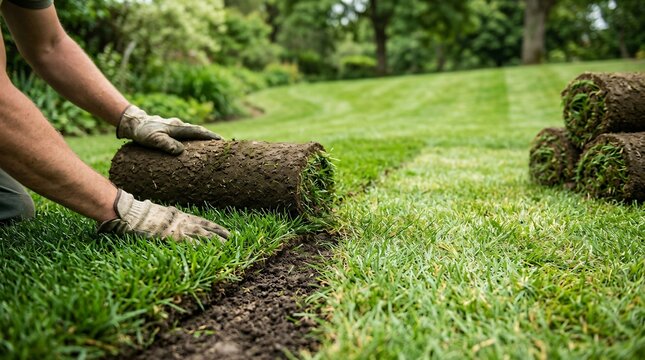 Gardener rolling out turf for lawn installation in backyard. Professional landscaper laying sod roll on ground. Residential landscaping project and garden improvement concept.
