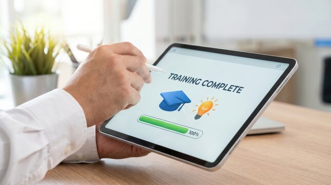 Corporate E-Learning and Upskilling Concept: Professional Interacting with Training Complete Interface and Progress Analytics