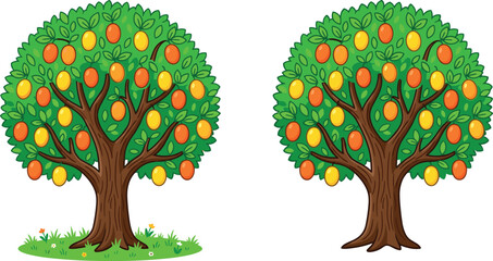 Mango Tree Vector Illustration Set with Ripe Fruits Green Leaves and Grass Patch Isolated on White Background for Nature and Agriculture Designs