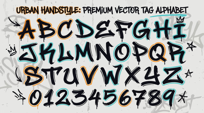 Urban handstyle graffiti tag alphabet vector font pack