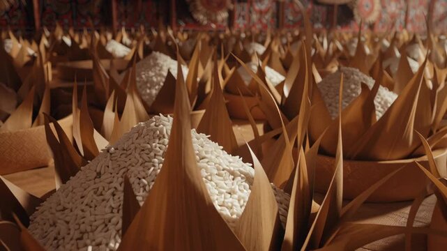 Many bowls of raw rice grain presented as indigenous religious offering