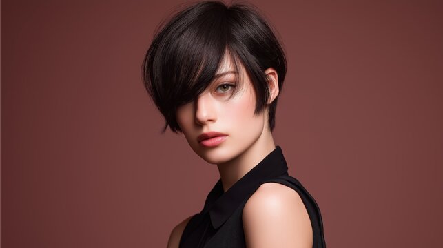 Asymmetrical Dark Bixie Haircut Fashion Portrait