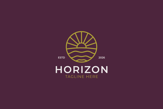 Sunset horizon line art logo design template with sun rays and sea waves circle badge for corporate branding identity lifestyle business