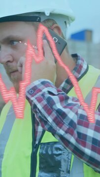 Vertical video: Construction lead taking call viewing phone while red waveform overlaying call data