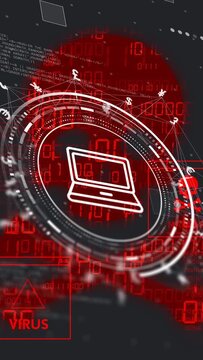 Vertical video: On scan start central laptop icon rotating inside HUD ring, showing virus warning