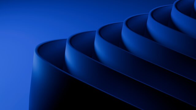 Abstract wavy curved 3d render. Blue layers of plastic with lines, folds, ruffles. Modern wallpaper, texture pattern.