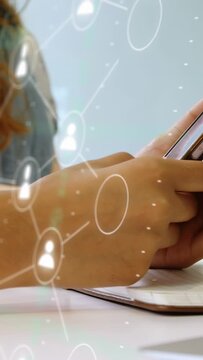 Vertical video: Woman grabbing phone, scrolling while contact UI linking business team, then fading
