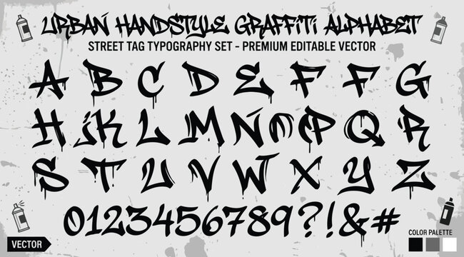 Urban handstyle graffiti alphabet set with numbers and symbols on grunge background