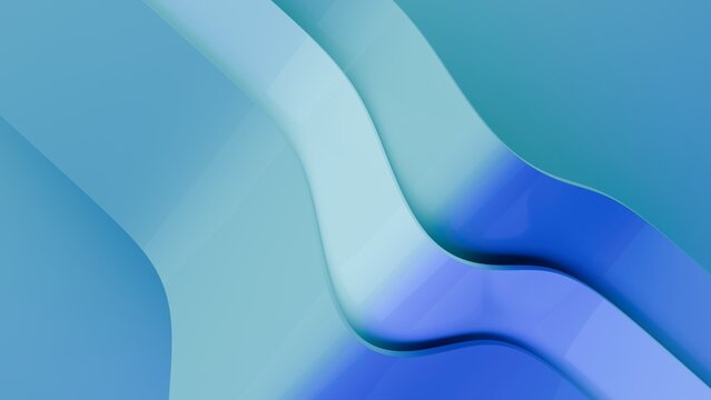 Abstract wavy curved 3d render. Blue and white layers of plastic with lines, folds, ruffles. Modern wallpaper, texture pattern.