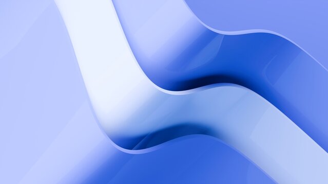 Abstract wavy curved 3d render. Blue and white layers of plastic with lines, folds, ruffles. Modern wallpaper, texture pattern.