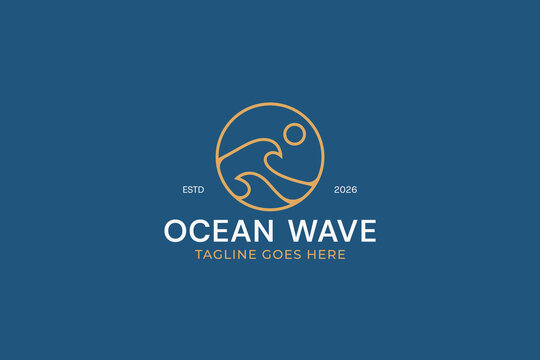 Ocean wave logo design template with sun and sea waves circle badge for line art corporate branding travel adventure business