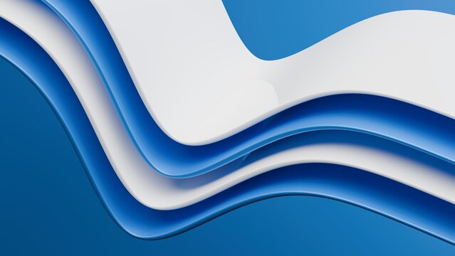 Abstract wavy curved 3d render. Blue and white layers of plastic with lines, folds, ruffles. Modern wallpaper, texture pattern.