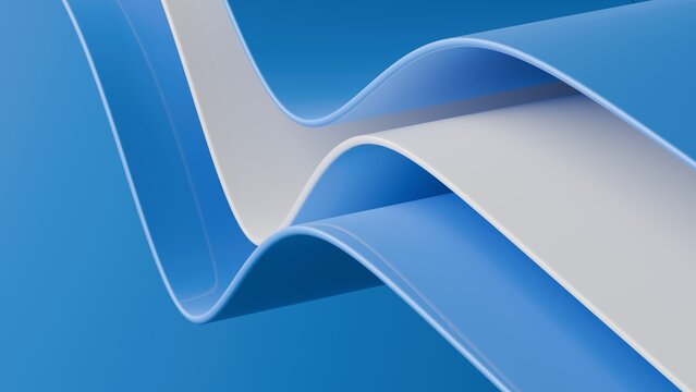 Abstract wavy curved 3d render. Blue and white layers of plastic with lines, folds, ruffles. Modern wallpaper, texture pattern.