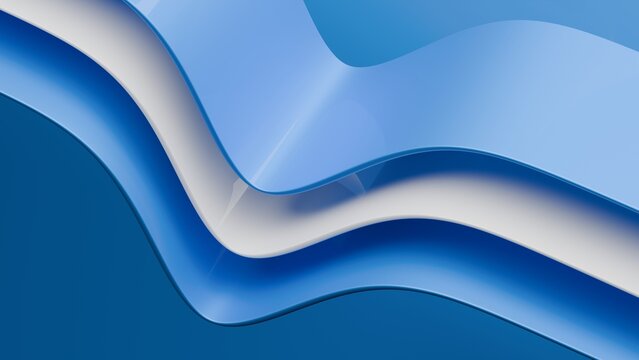 Abstract wavy curved 3d render. Blue and white layers of plastic with lines, folds, ruffles. Modern wallpaper, texture pattern.
