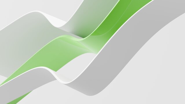 Abstract wavy curved 3d render. Green and white layers of plastic with lines, folds, ruffles. Modern wallpaper, texture pattern.