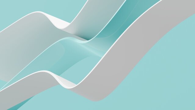 Abstract wavy curved 3d render. Blue and white layers of plastic with lines, folds, ruffles. Modern wallpaper, texture pattern.
