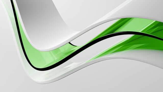 Abstract wavy curved 3d render. Green and white layers of plastic with lines, folds, ruffles. Modern wallpaper, texture pattern.