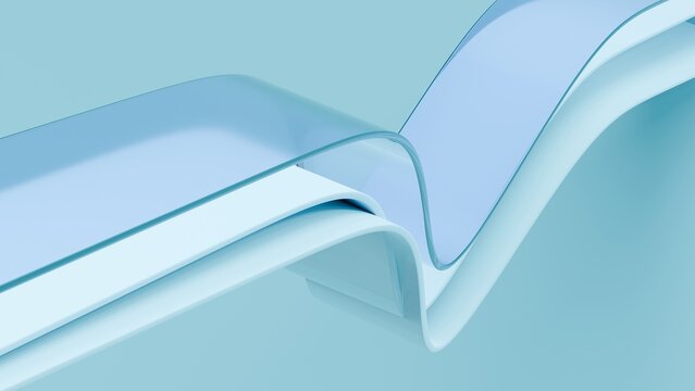 Abstract wavy curved 3d render. Blue and white layers of plastic with lines, folds, ruffles. Modern wallpaper, texture pattern.