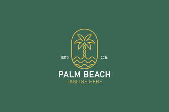 Palm beach logo design template with palm tree and sea waves oval badge line art for corporate branding travel resort business