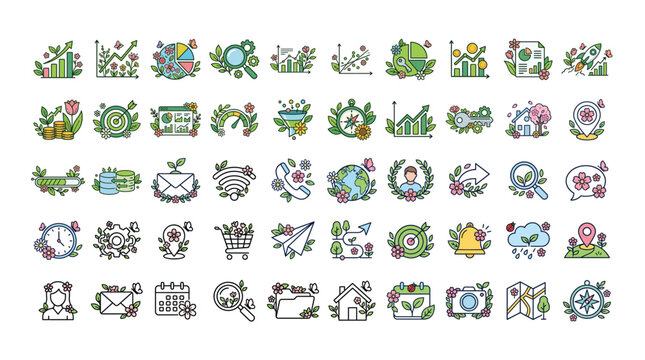 Colorful collection of springtime floral icons featuring flowers plants houses charts and seasonal elements in a linear style