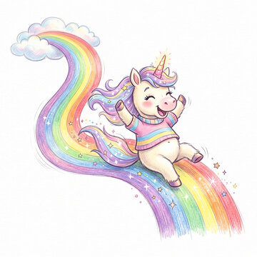magical unicorn sliding down colorful rainbow watercolor pencil illustration isolated