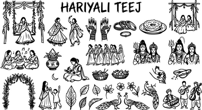 Hariyali Teej Indian Hindu Festival Line Art Illustration Set. Traditional Cultural Celebration Elements in Black and White Outline Doodle Style.