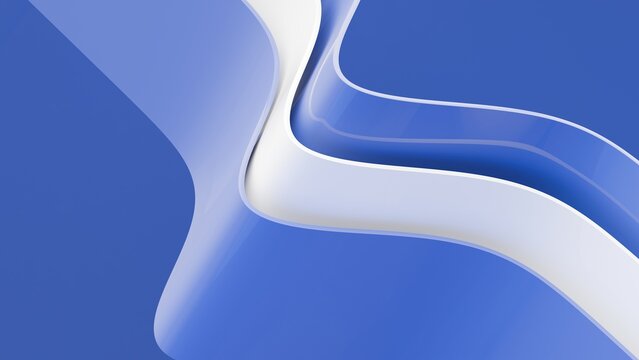 Abstract wavy curved 3d render. Blue and white layers of plastic with lines, folds, ruffles. Modern wallpaper, texture pattern.