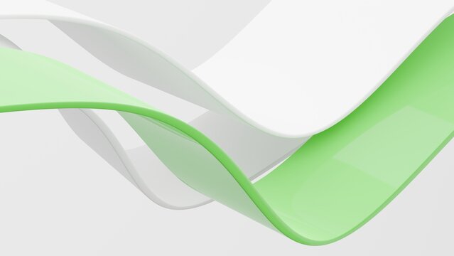 Abstract wavy curved 3d render. Green and white layers of plastic with lines, folds, ruffles. Modern wallpaper, texture pattern.